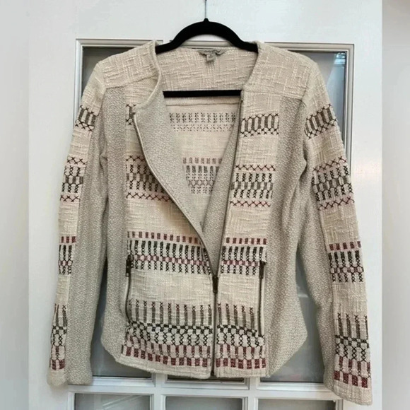Lucky Brand | Cream Embroidered Knit Jaquered Zip Boho Motorcycle Jacket Size S - Picture 5 of 12